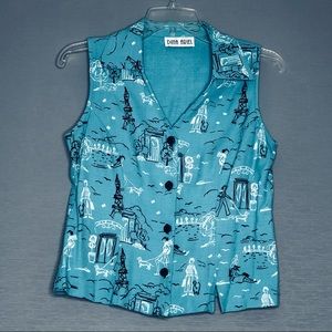 Dina Ariel Sleeveless Blouse. Baby Blue -Paris Theme Print. SZ S-M